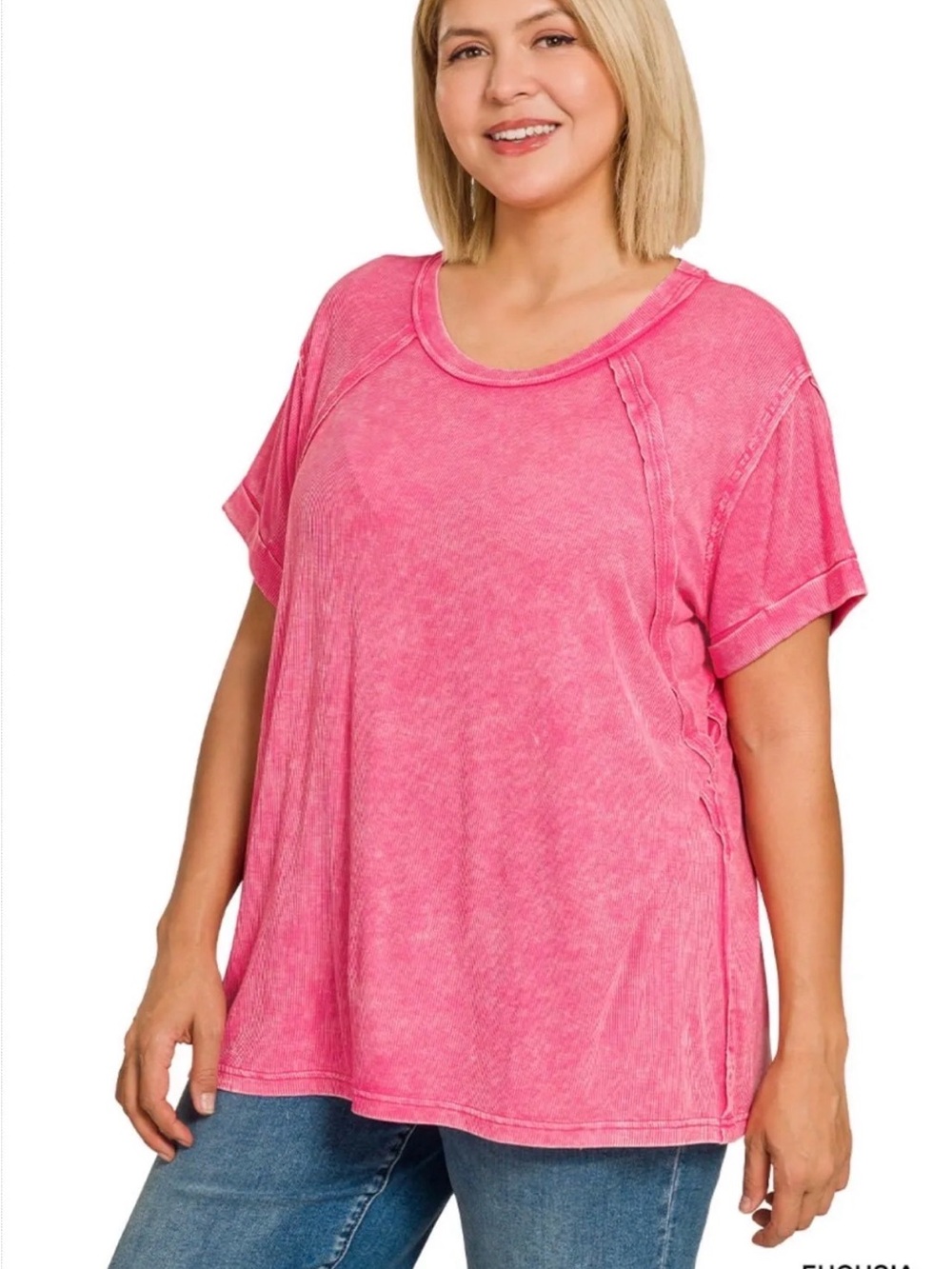 Zenana Washed Ribbed Short Sleeve in Fuchsia